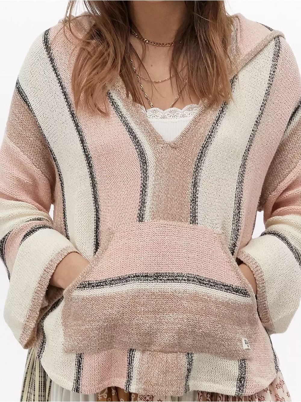 Billabong Baja Hoodie Pullover Sweater Pink Cream Striped Boho Beach Coastal L
